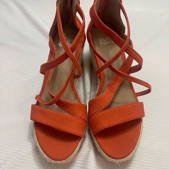 Eileen Fisher Wanda Wedge Strappy Sandals Orange Leather Zip Back Size 6 New - Picture 2 of 9